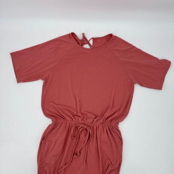 Coral Pink Short Sleeve Wide Leg Drawstring Jumpsuit Womens Tie Back Round Neck - Picture 5 of 10